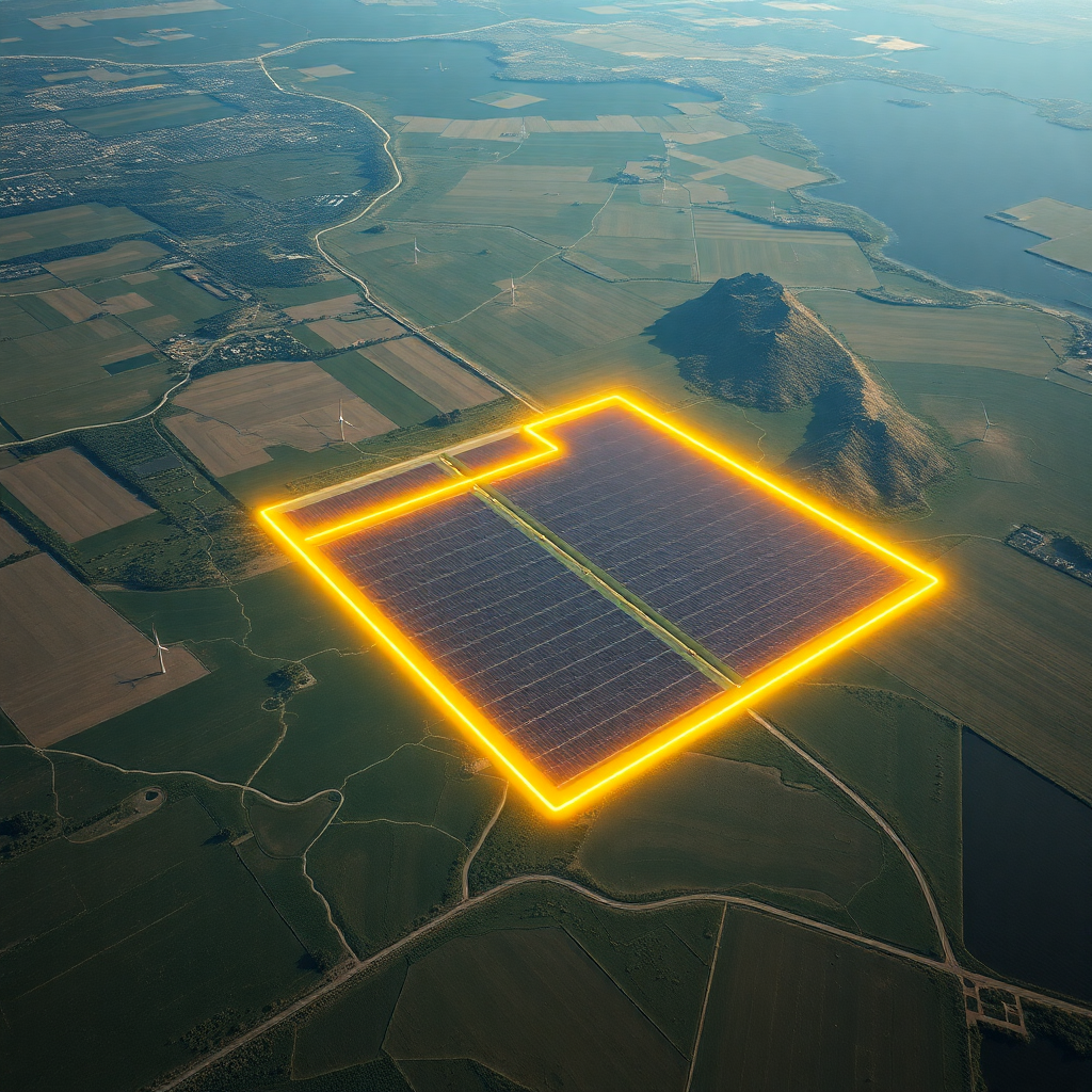Satellite map view of a vast rural landscape with a large solar panel farm clearly outlined by a glowing yellow digital boundary. Small icons of solar panels and wind turbines are visible within the area. High-resolution, photorealistic, cinematic lighting, green and earth tones.