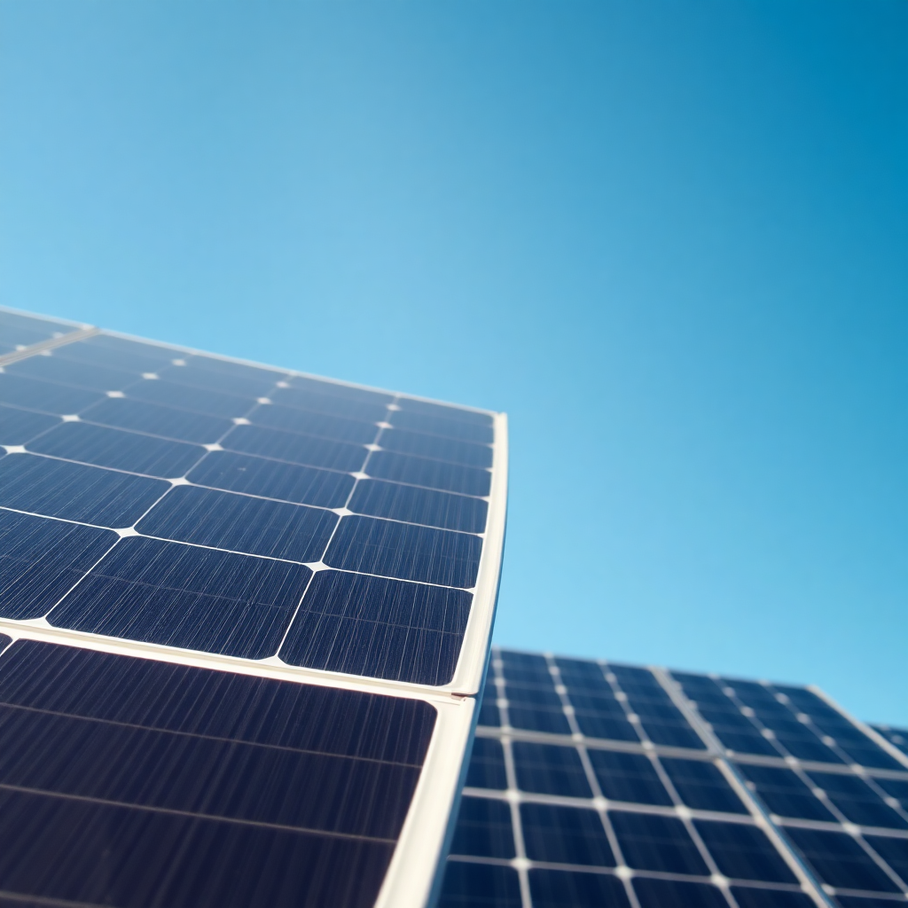 close-up view of solar panels on a sunny day, with a clear blue sky, photorealistic, high detail