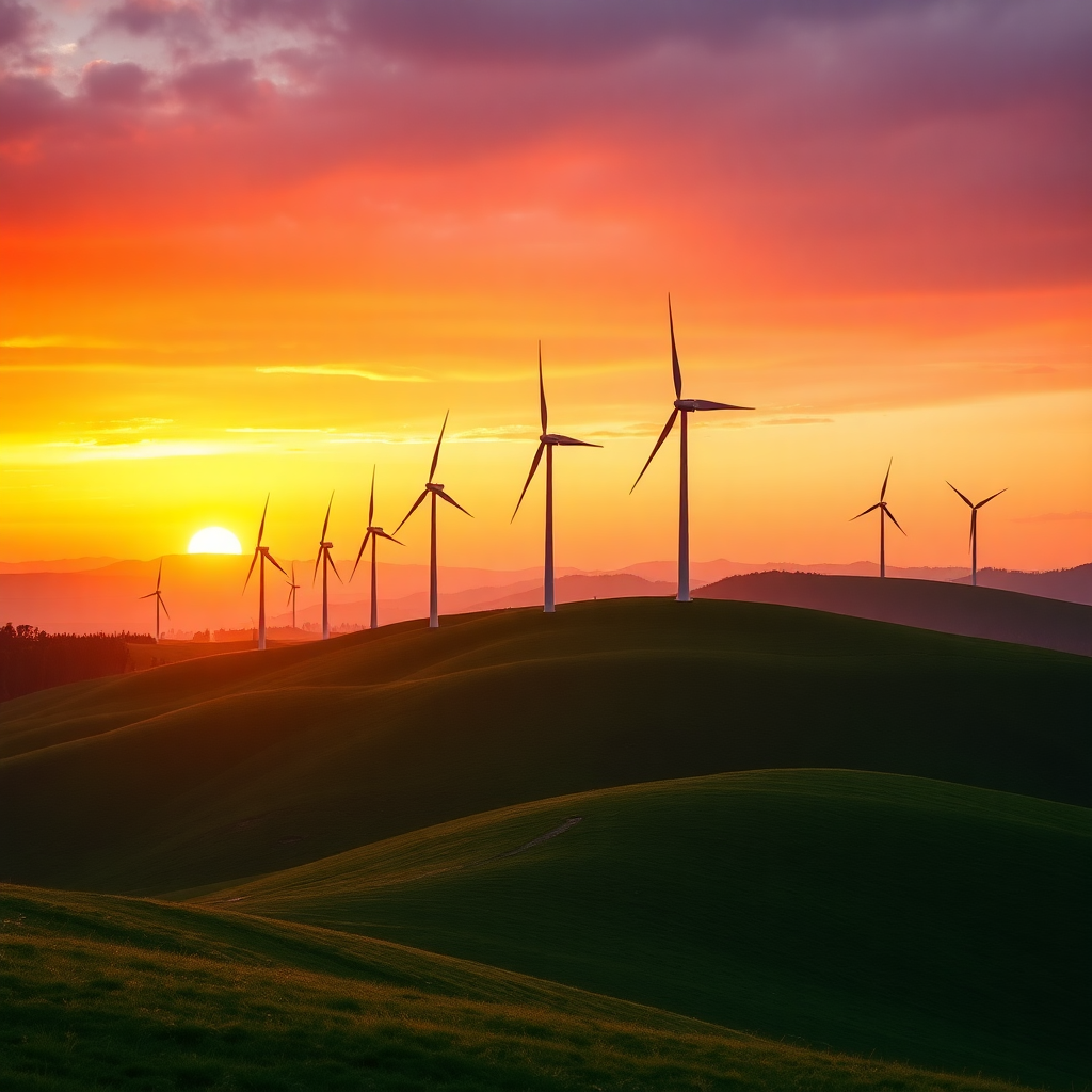 wind turbines on a green hill during sunset, beautiful orange and purple sky, serene landscape, photorealistic